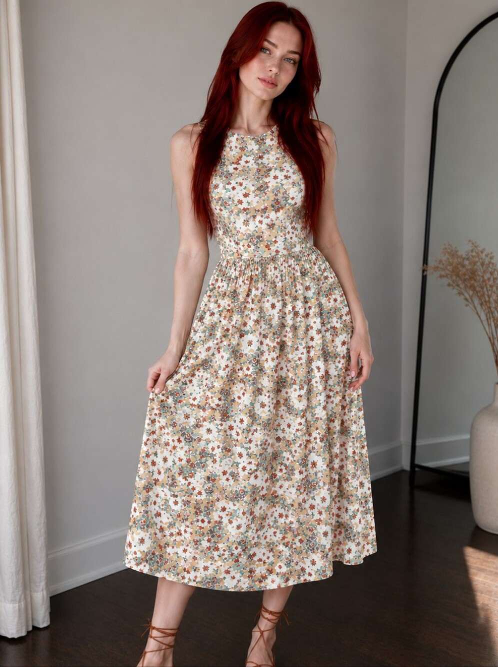 Fourteen Place Dune Multi Bouquet Floral Cutout Midi Dress L Coastal Grandmother